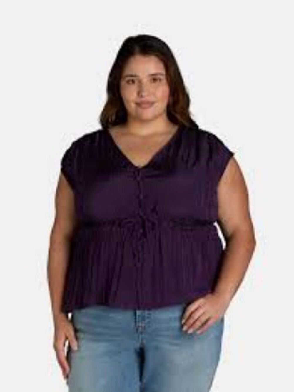 Terra & Sky Sleeveless V-Neck Drawstring Waist Top in Deep Purple Silky Size 1X